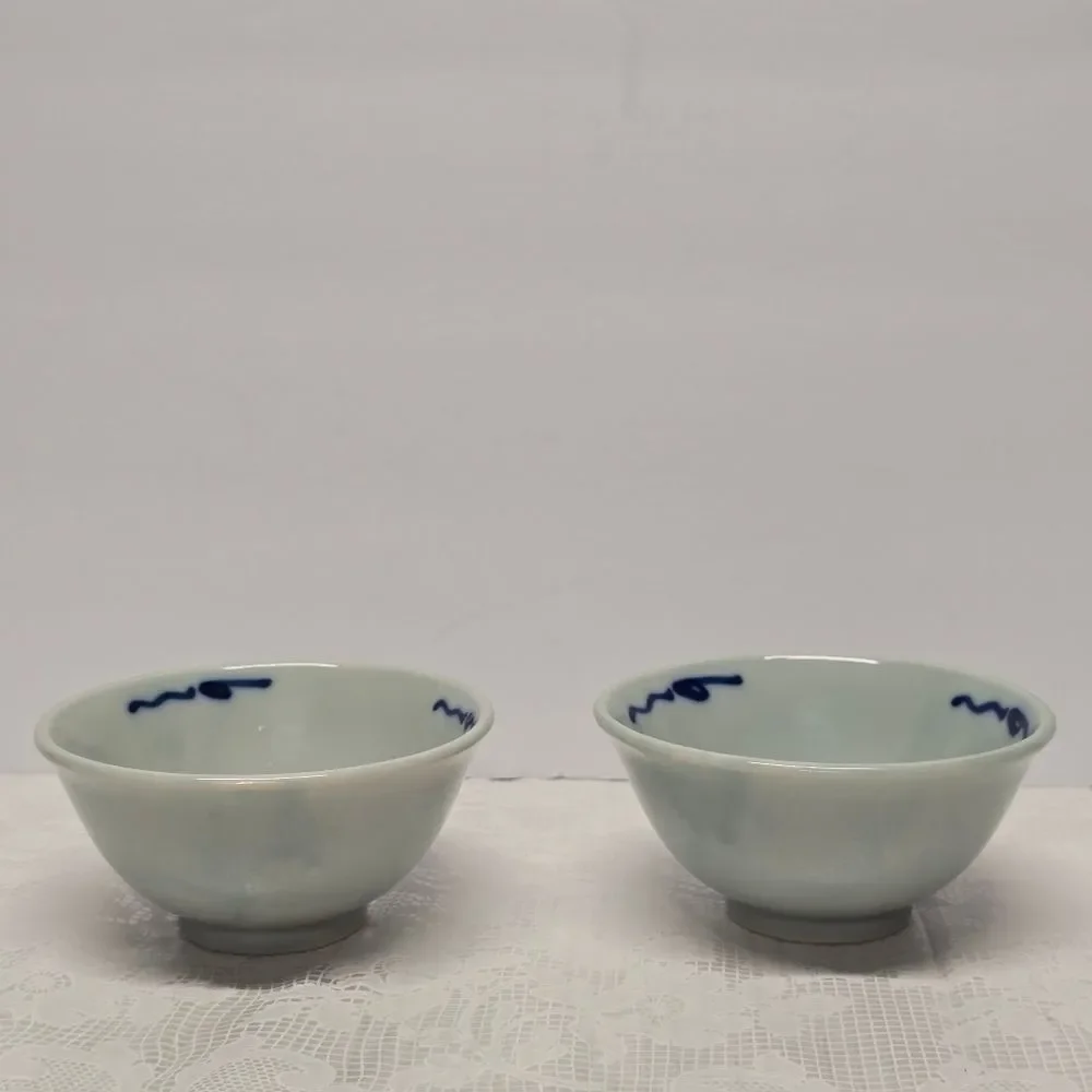 Vintage Asian Koi Catfish Carp Fish Porcelain Handpainted Rice Bowls Set Of 2